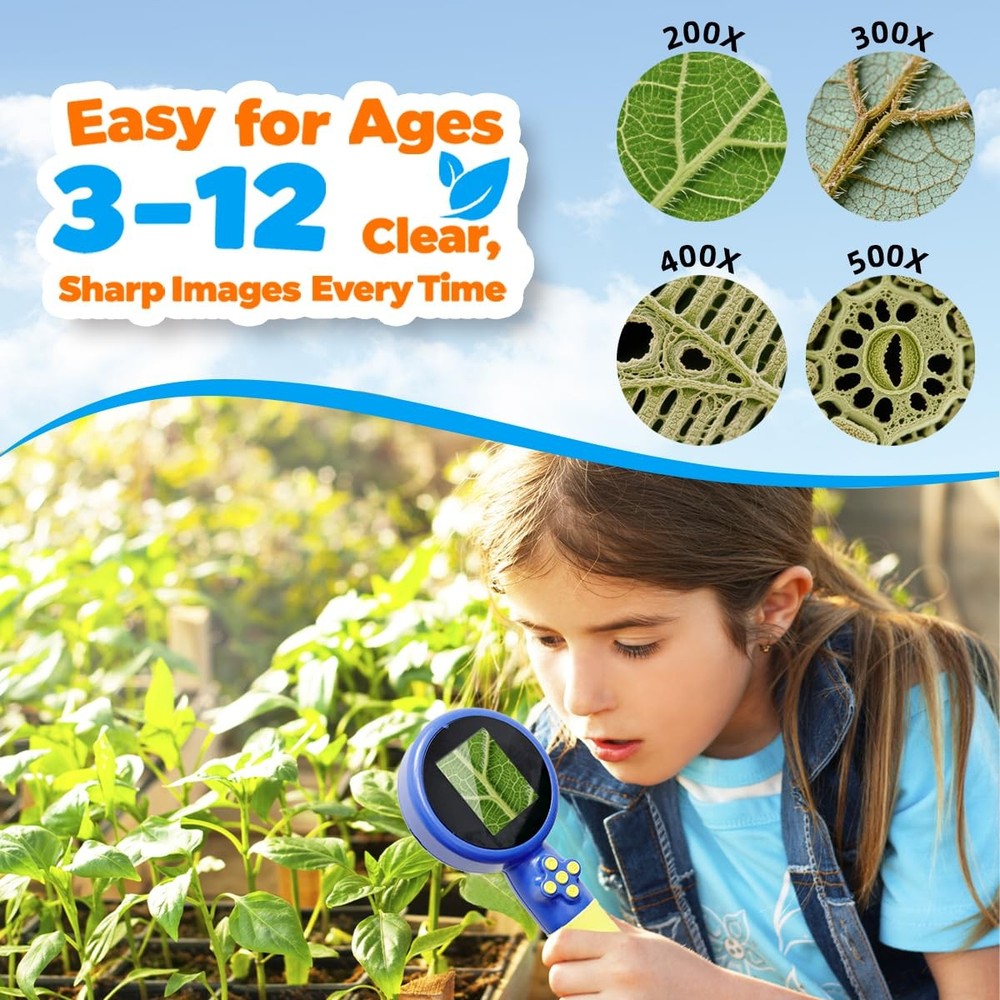 Kids Microscope with Bug Catcher Kit, 1080P Digital Mini Handheld Blue