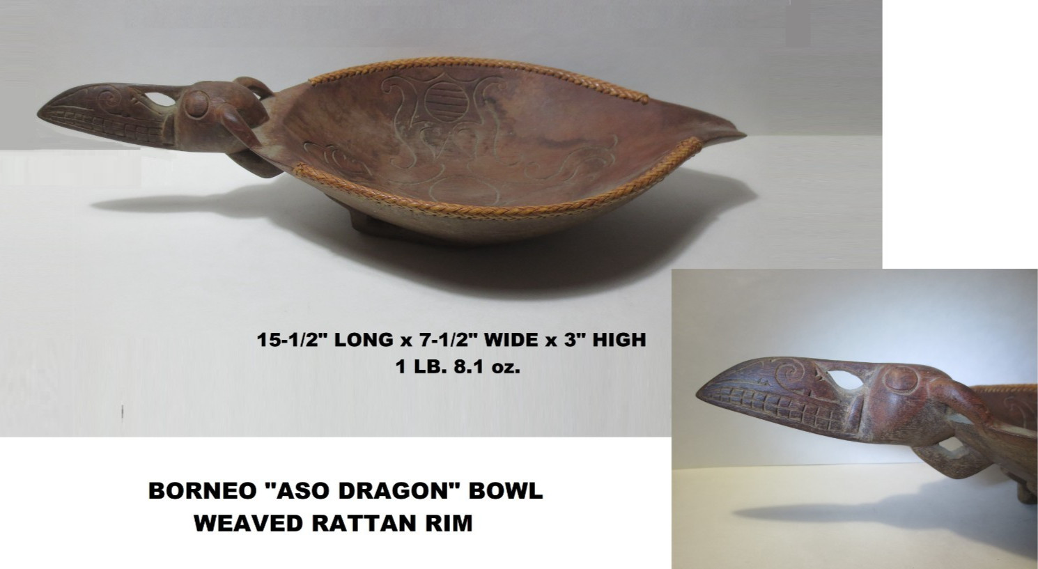 RARE! ANTIQUE! c1900 BORNEO "ASO DRAGON" CARVED WOOD BOWL w WEAVED RATTAN RIM