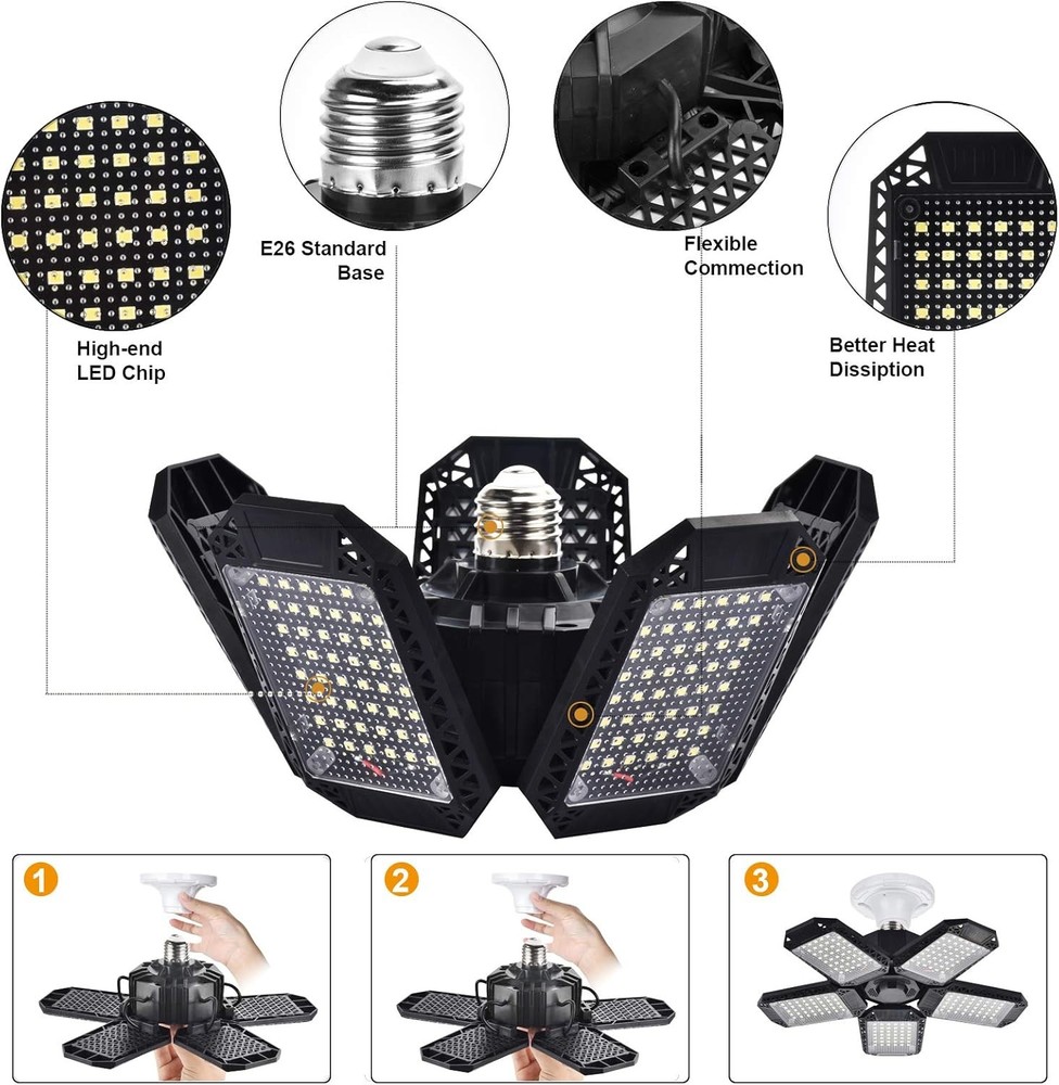 2 Pack LED Garage Lights, 120W Deformable Ceiling 2 PACK, Black