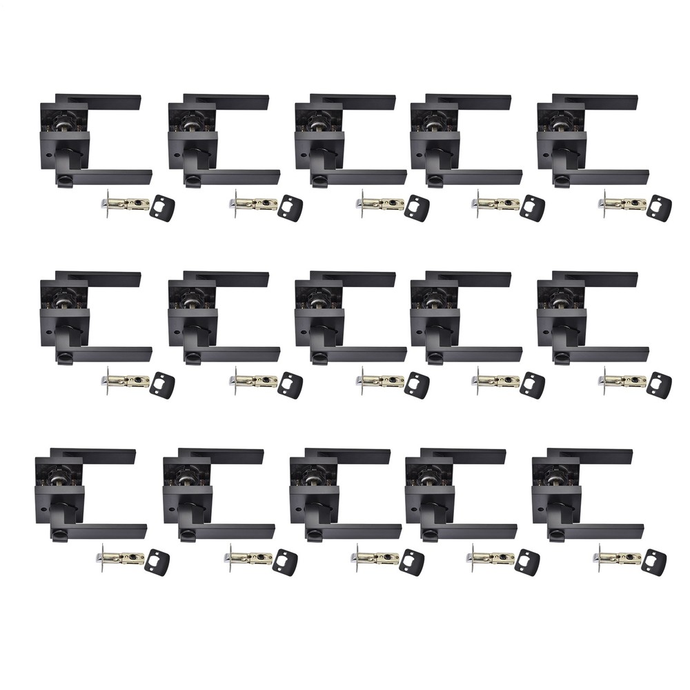 15pcs Black Door Lever Heavy Duty Passage Handle Interior Square Knobs W/ Keys