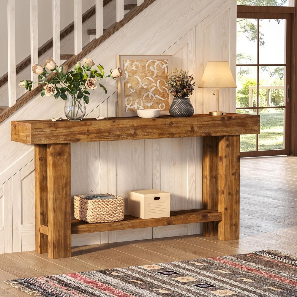 63'' Solid Wood Console Table Farmhouse Narrow Entryway Sofa Table with Storage