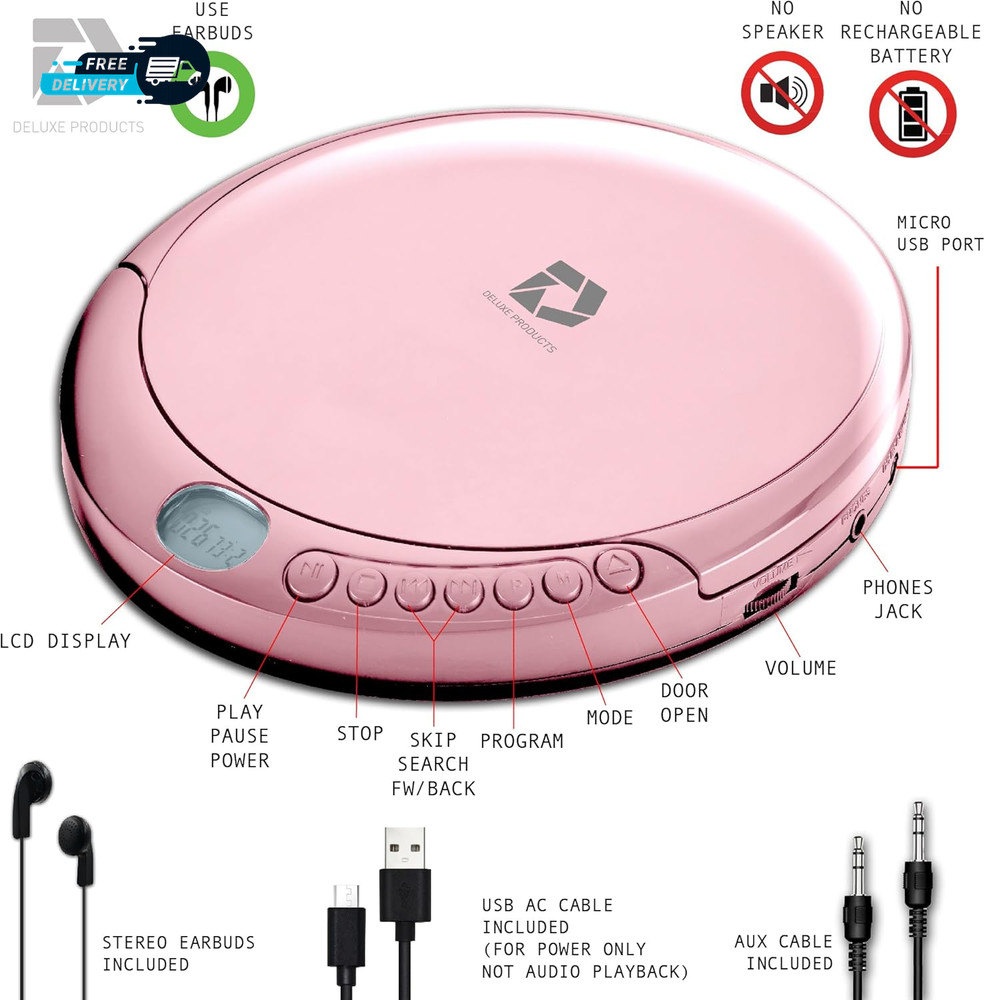 CD Player Portable with 60 Second anti Skip, Stereo Earbuds, Includes Cable