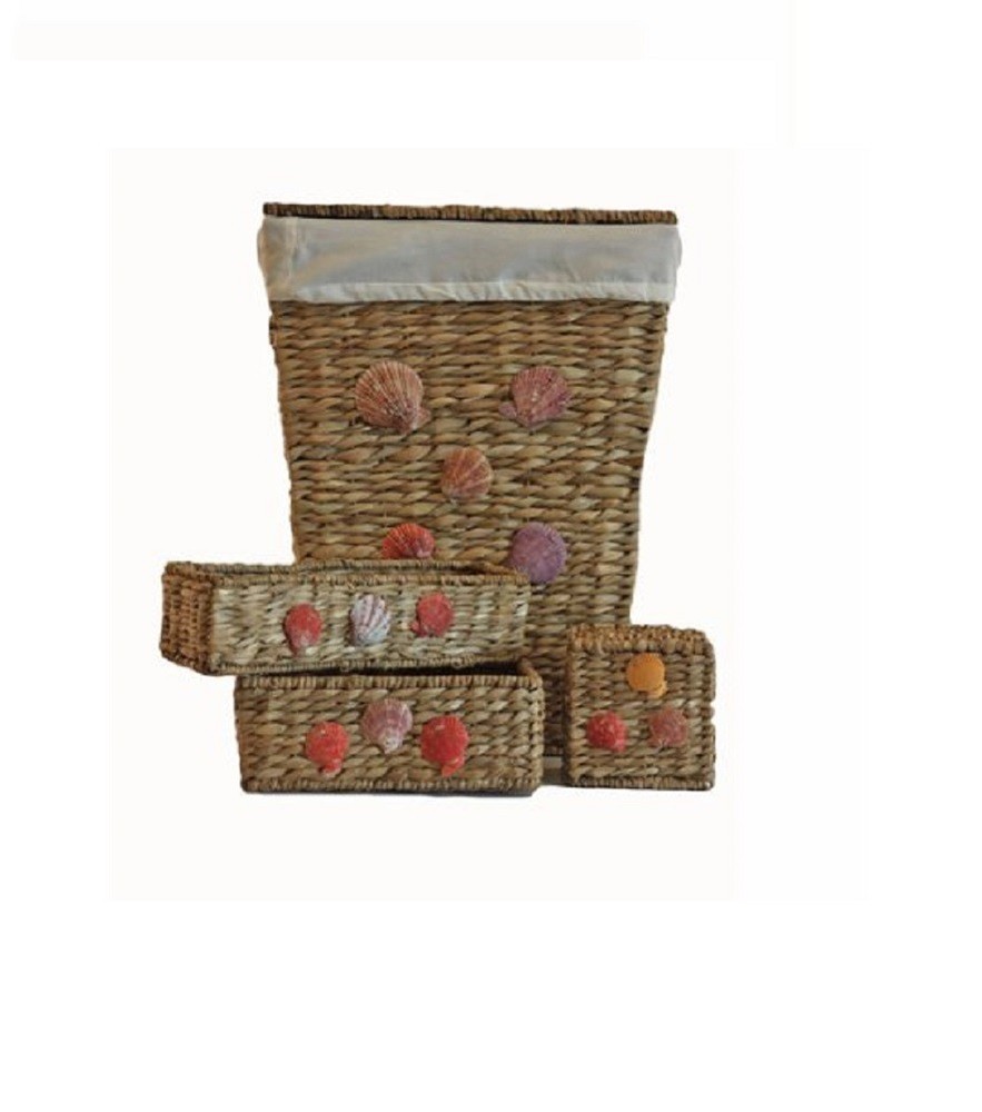 4Piece Hamper Set with MultiColored Shell Trim Beige