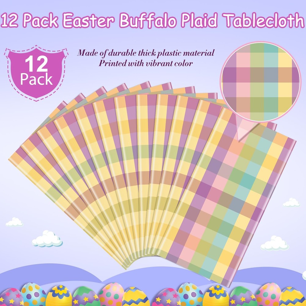 12Pcs Spring Easter Buffalo Plaid Checkered Tablecloth Decorations,Plastic Pu...