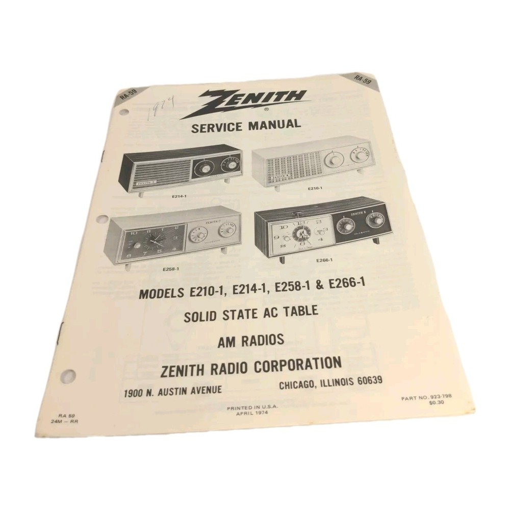 Zenith Service Manual RA-59 Am Radios Models E210-1,E214-1,E258-1 &E266-1