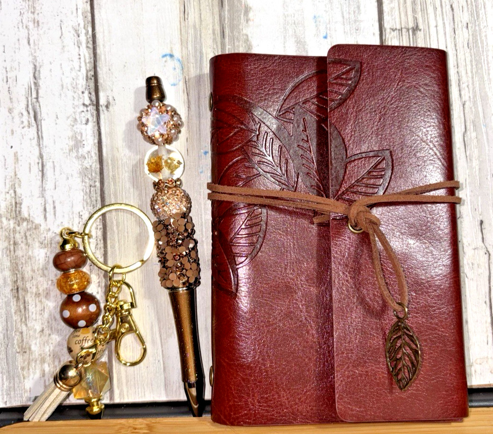HANDCRAFTED  BEADED  PEN , key chain & NOTE PAD  SET