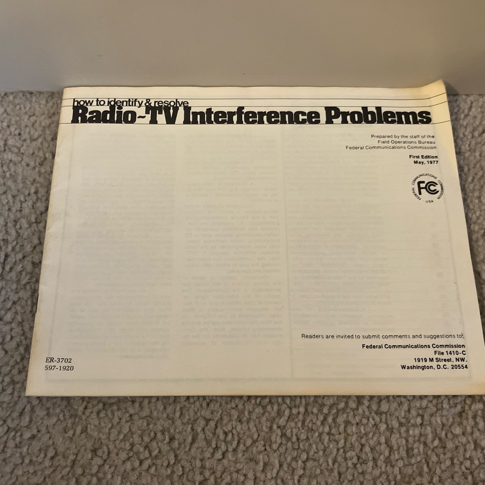 Radio - TV Interference Problems, FCC Manual, Published May 1977, First Edition