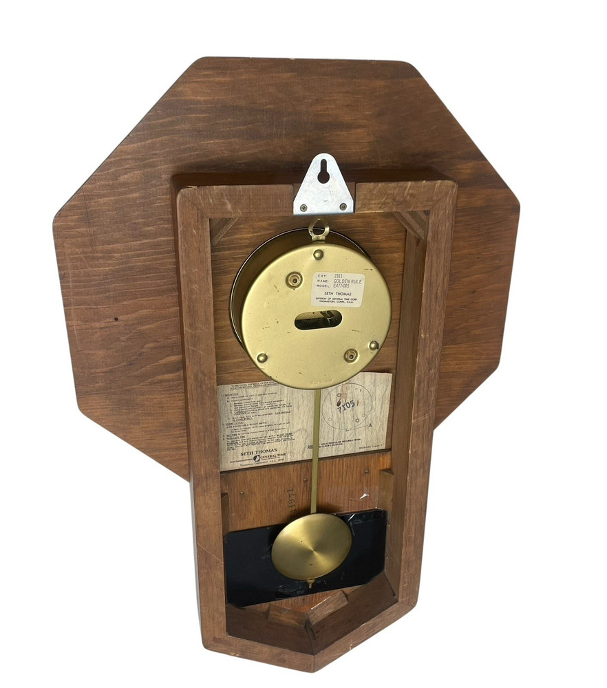 Seth Thomas Golden Rule Pendulum Wood Wall Clock E477-005 - Untested No key