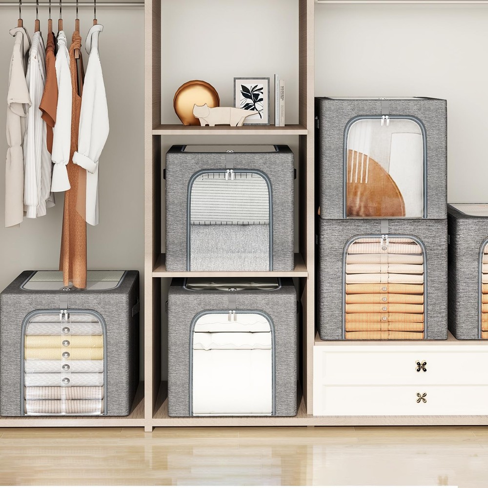 GoMaihe Clothes Storage Bin with Metal Frame: 6-Pack Stackable Closet 40L, 6