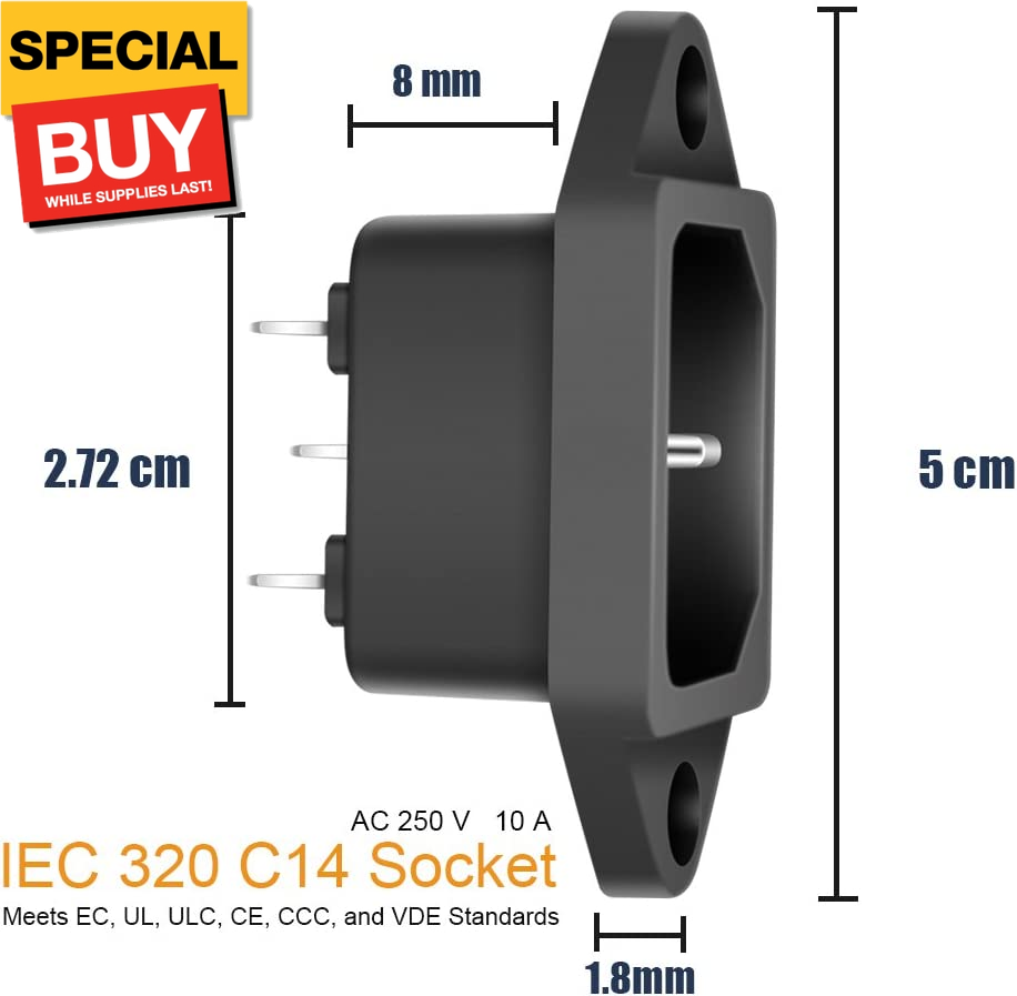 10 Pack AC 250V 10A IEC 320 C14 Panel Mount Plug Adapter Power Connector Socket