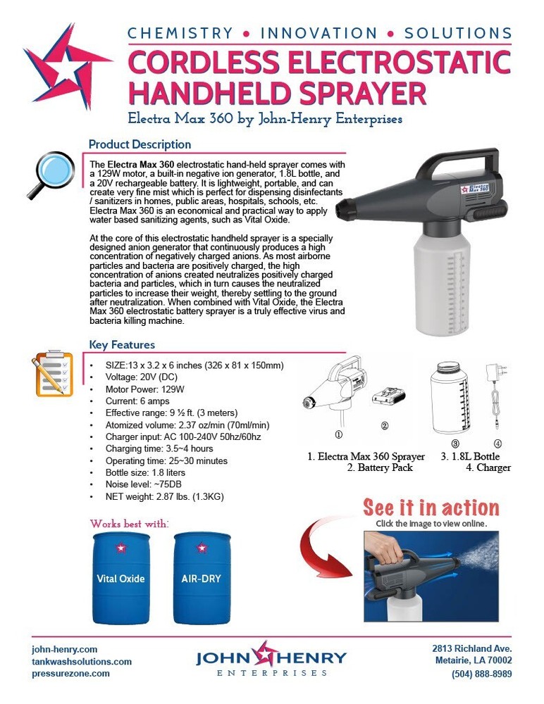 Electrostatic Sprayer - Cordless, Handheld, Mister, Cleaner, battery operated