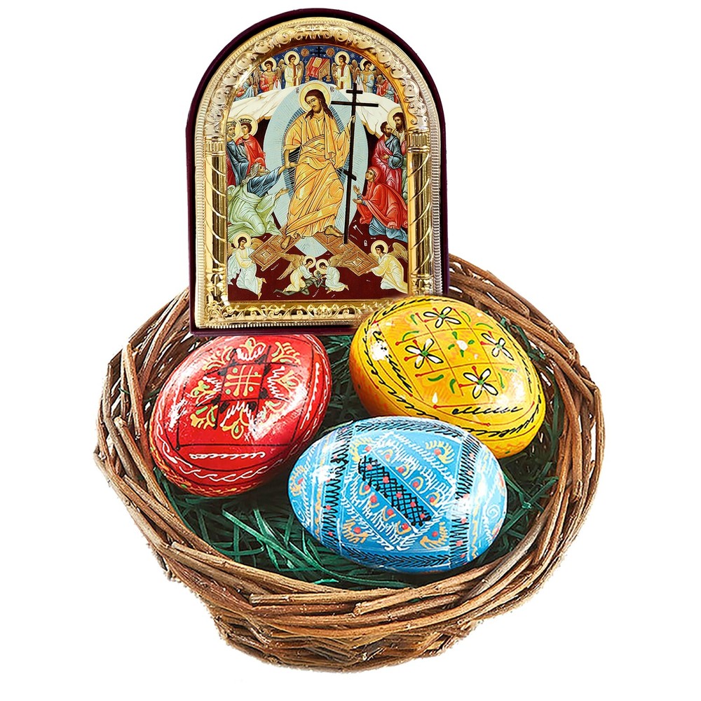 Easter Basket Pysanky Pysanki Ukrainian Wooden Hand Painted Eggs and Arched Icon