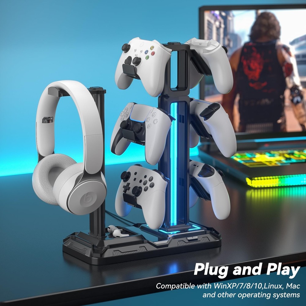 RGB Multi-Controller Holder with 9 Light Modes Rotatable Headphone Hanger Stand