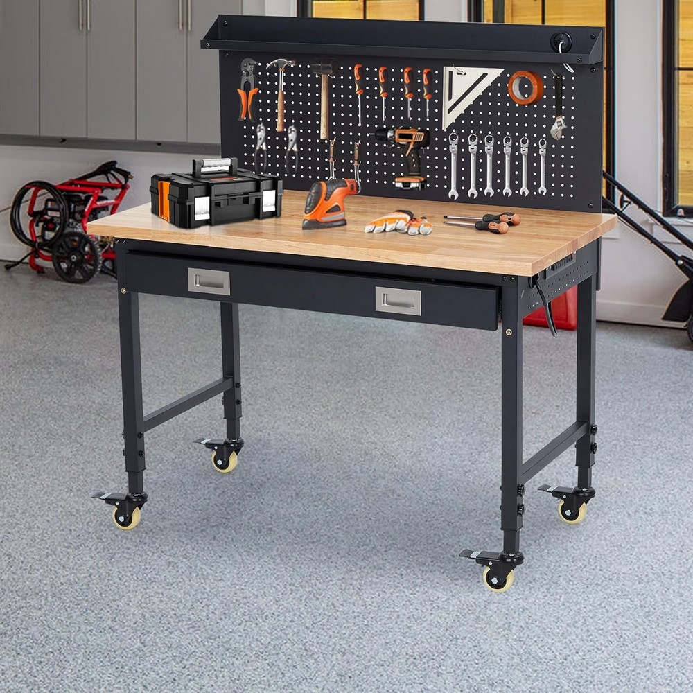48"Garage Workbench|Pegboard,Drawers,Power Outlet|Tool Bench&Wheels for Workshop