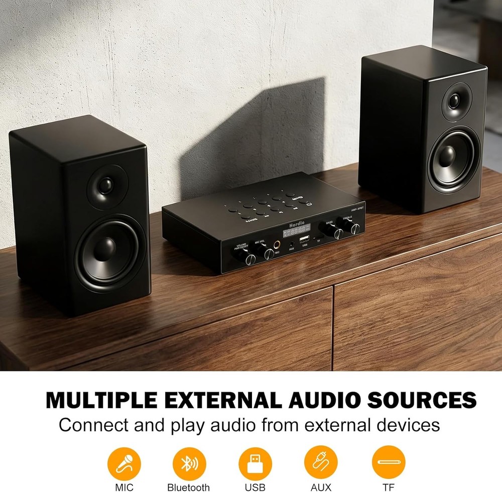 Herdio 8 Channel Bluetooth Amplifier Bass Treble Control for Passive Speakers