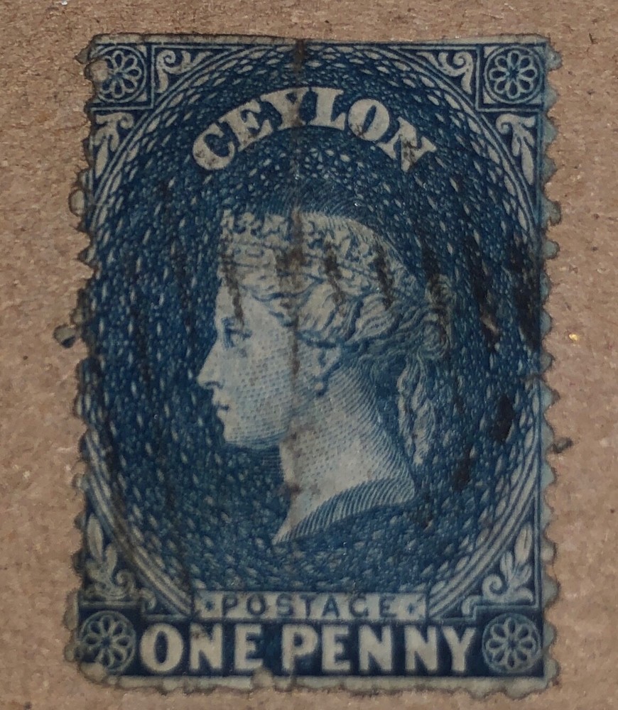 TC1 Ceylon 1863 1 penny blue stamp rough perf