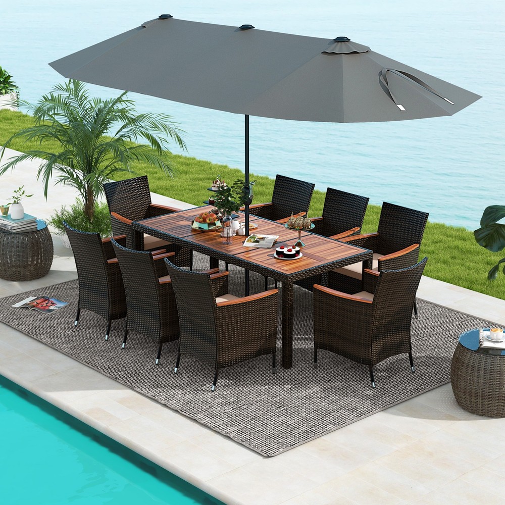 9 Piece Patio Wicker Dining Set w/ Double-Sided Patio Umbrella, Stackable Chairs