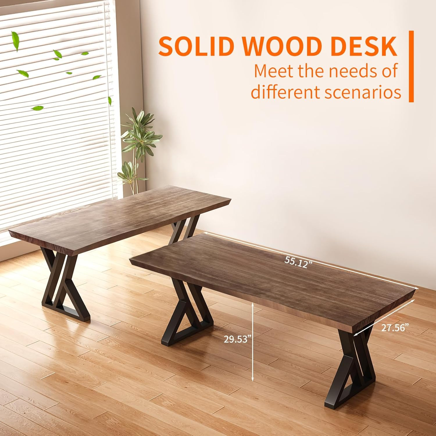 Solid Wood and Metal Modern Industrial 55 Inch Wide Home Office Desk, Writing Ta