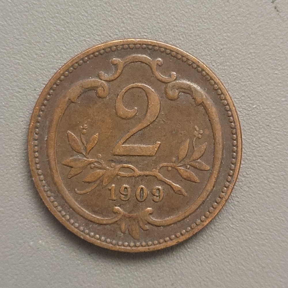 1909 Austria 2 Hellers Coin - Bronze - Regal Double-Headed Eagle