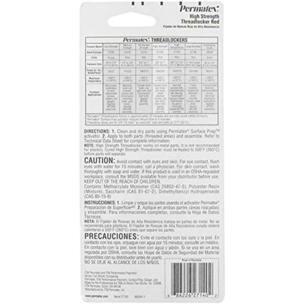 Permatex 27140 High Strength Threadlocker Red, 36 ml Bottle