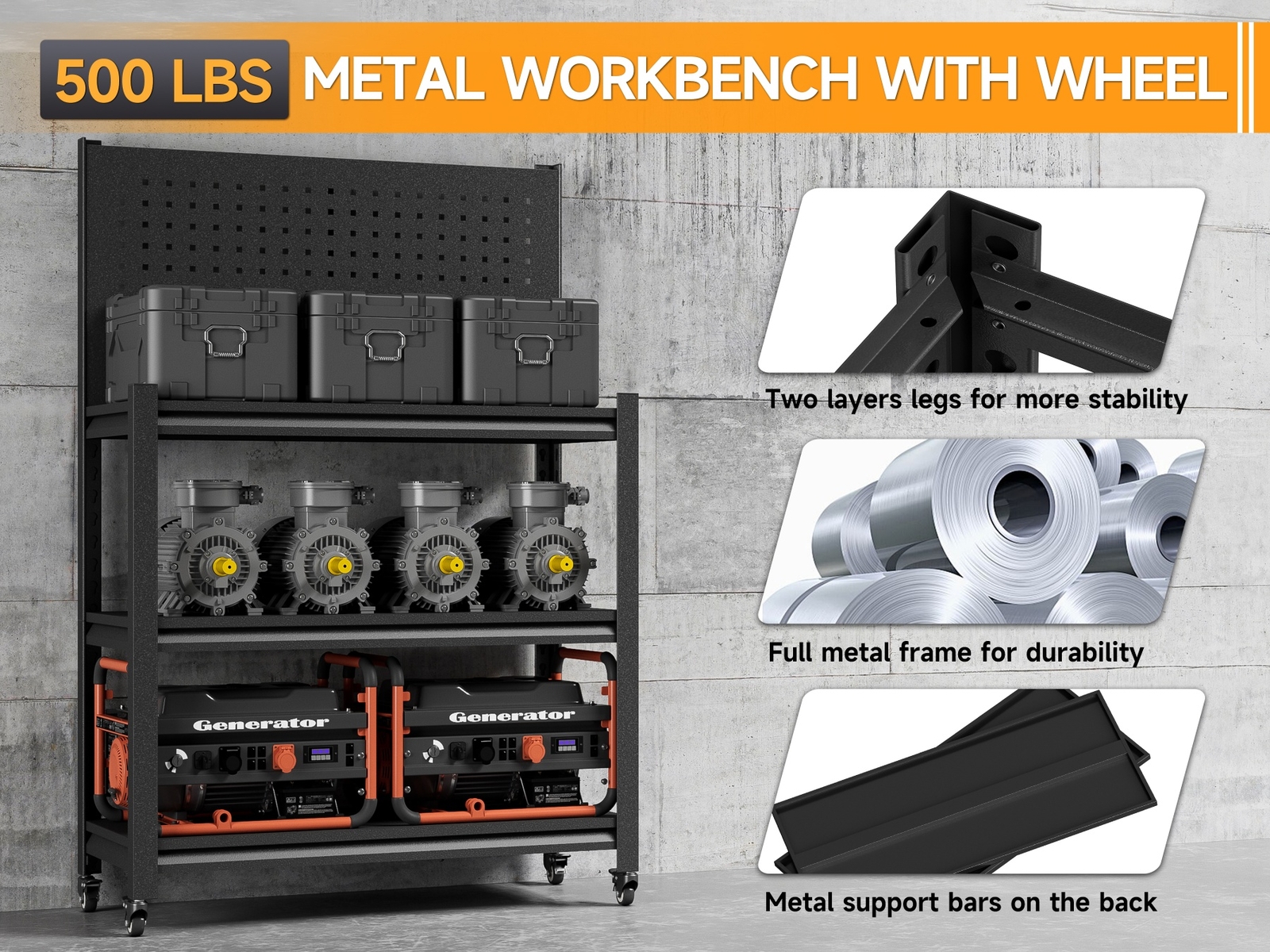 Roling Garage Workbench with Pegboard Adjustable Height Movable Storage Shelving
