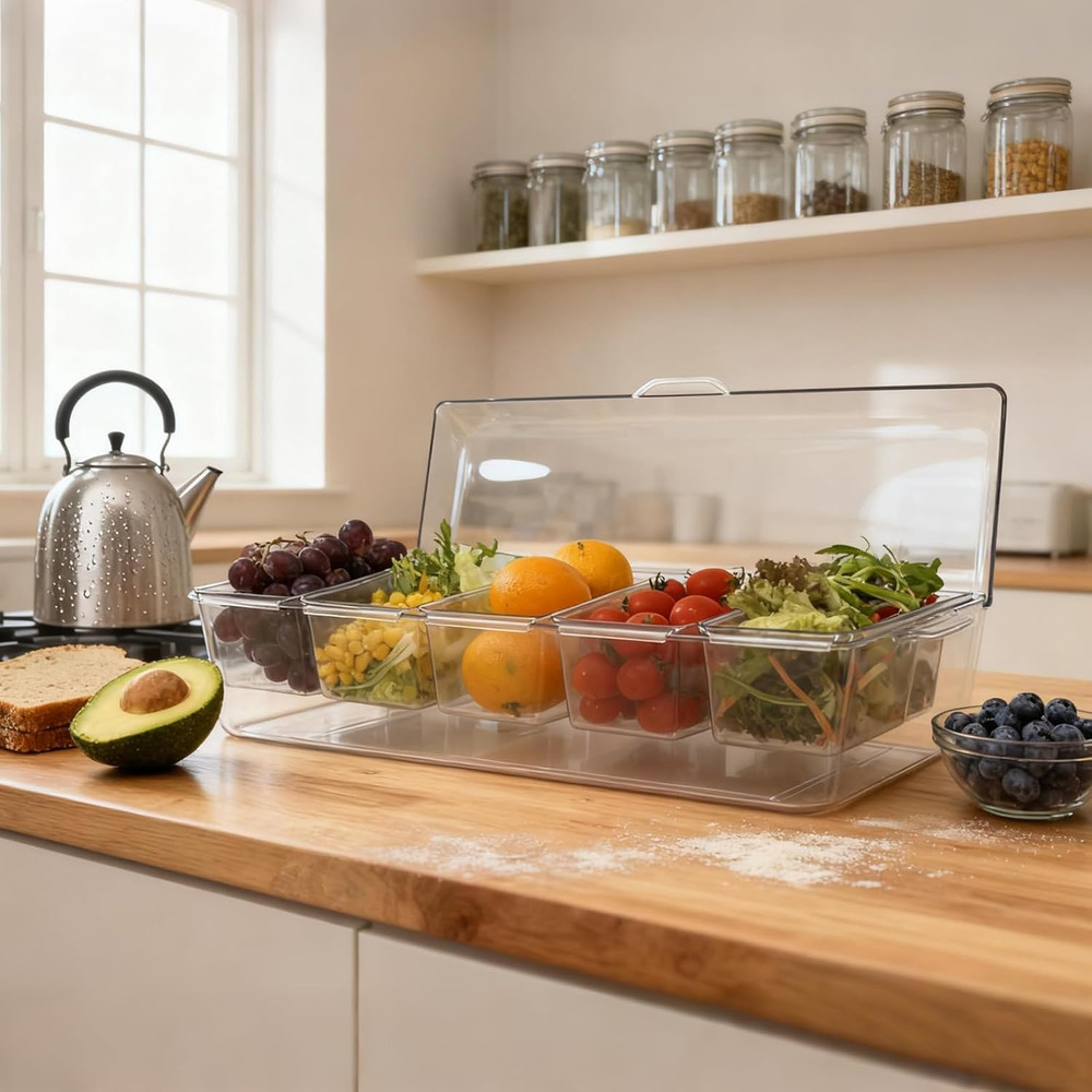 Ice Chilled Condiment Server, 5 Removable Compartments Condiment Containers with