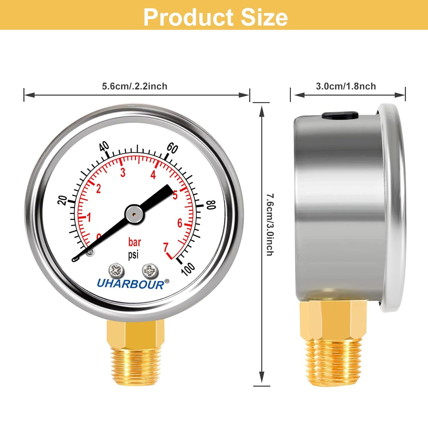 Water Well Pump Liquid Filled Side Lower Mount Pressure Gauge 0 to 100 PSI