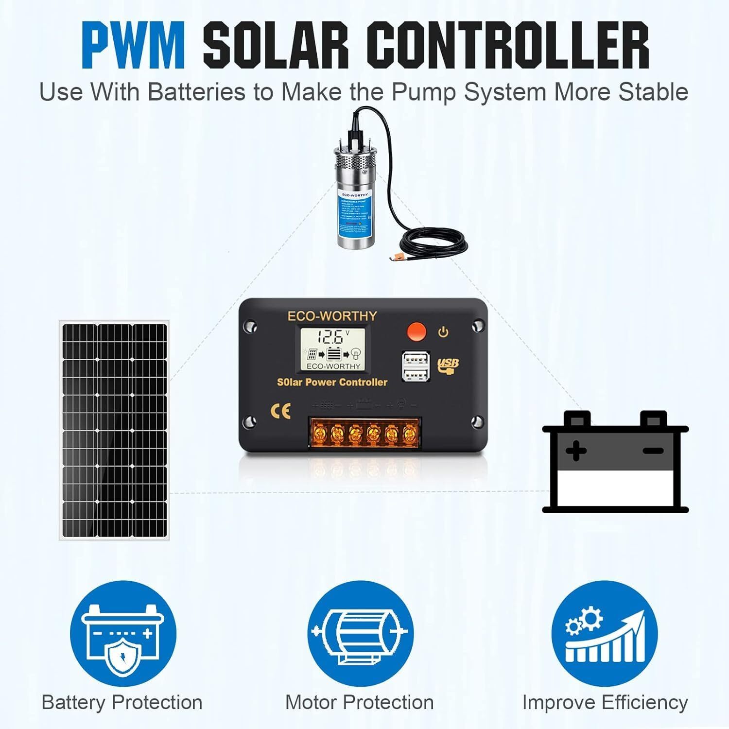 24V Solar Well Water Pump Kit 100W Solar Panels 50AH Lithium Battery Controller