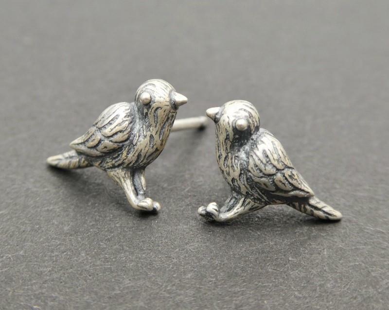 Unique Handmade Sterling Silver Tiny Small Birds Post Stud Earrings Great Detail