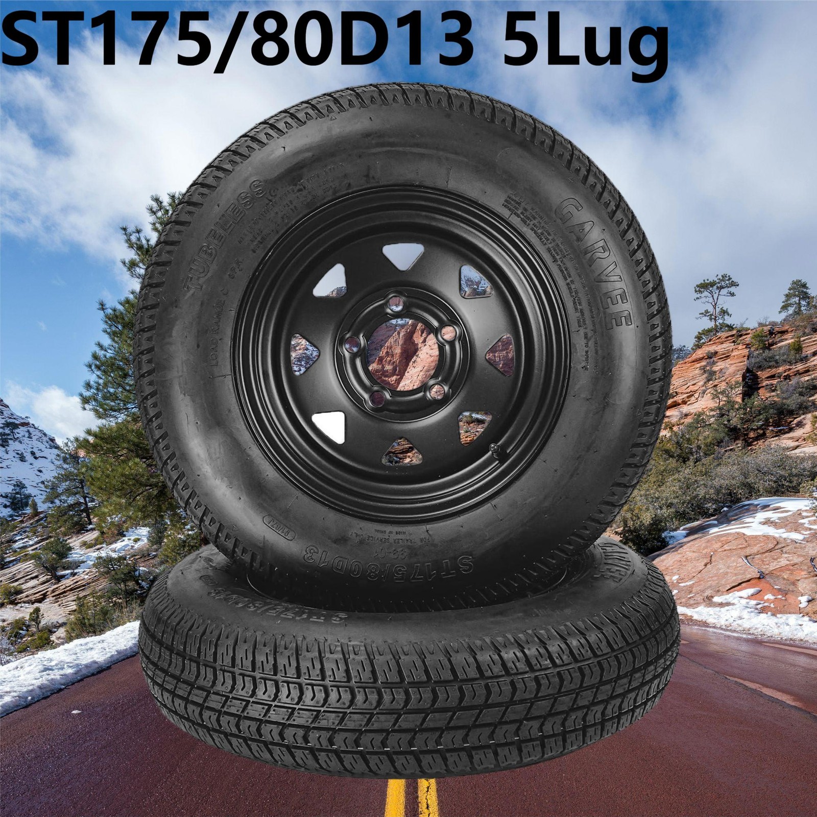 2 Pack ST175/80D13 Trailer Tires with 13" Rims 175/80 D 13 5 Lug on 4.5 Black