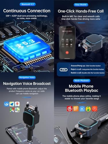 Retractable Car Charger 96W with Bluetooth Car Adapter, 4 in 1 Fast Charging,