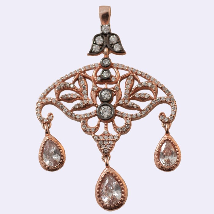 Rose Gold and Zircons Wet Silver Pendant