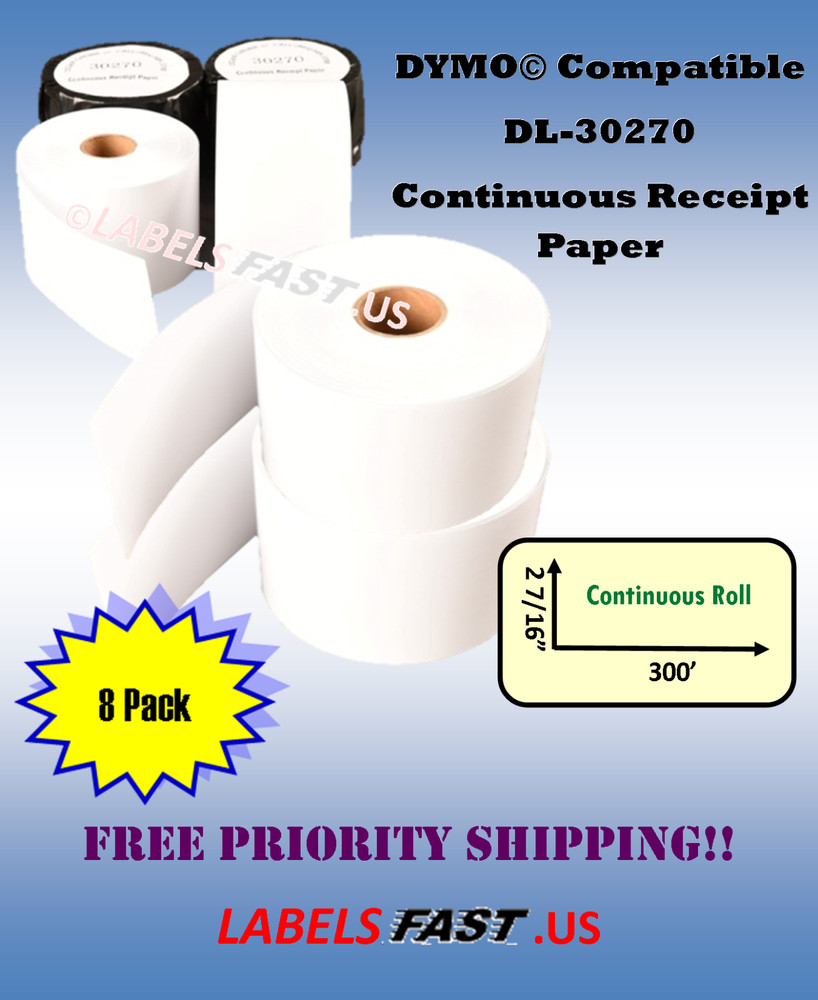 Dymo 30270 Compatible 300' POS Printer Receipt Paper--8 Rolls