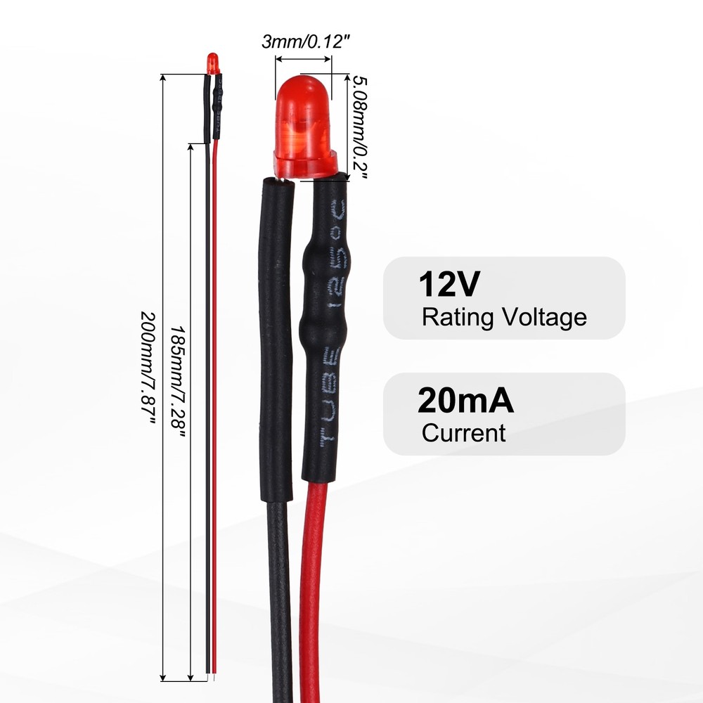 50pcs 3mm LED Diode Lights, Red Light DC 12V for Electronics