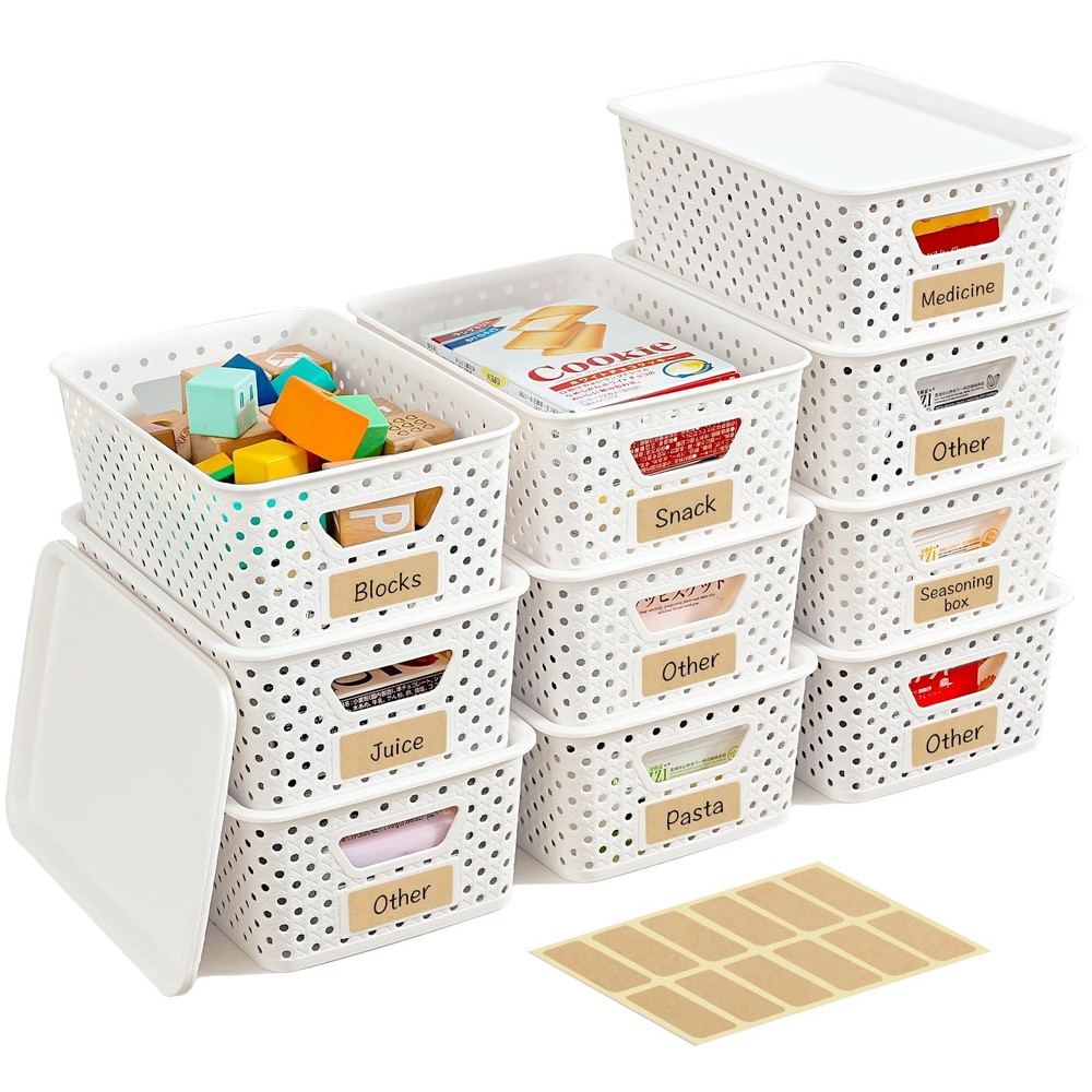 10 Pack Plastic Storage Bins with Lids, Stackable Plastic Storage Baskets for...