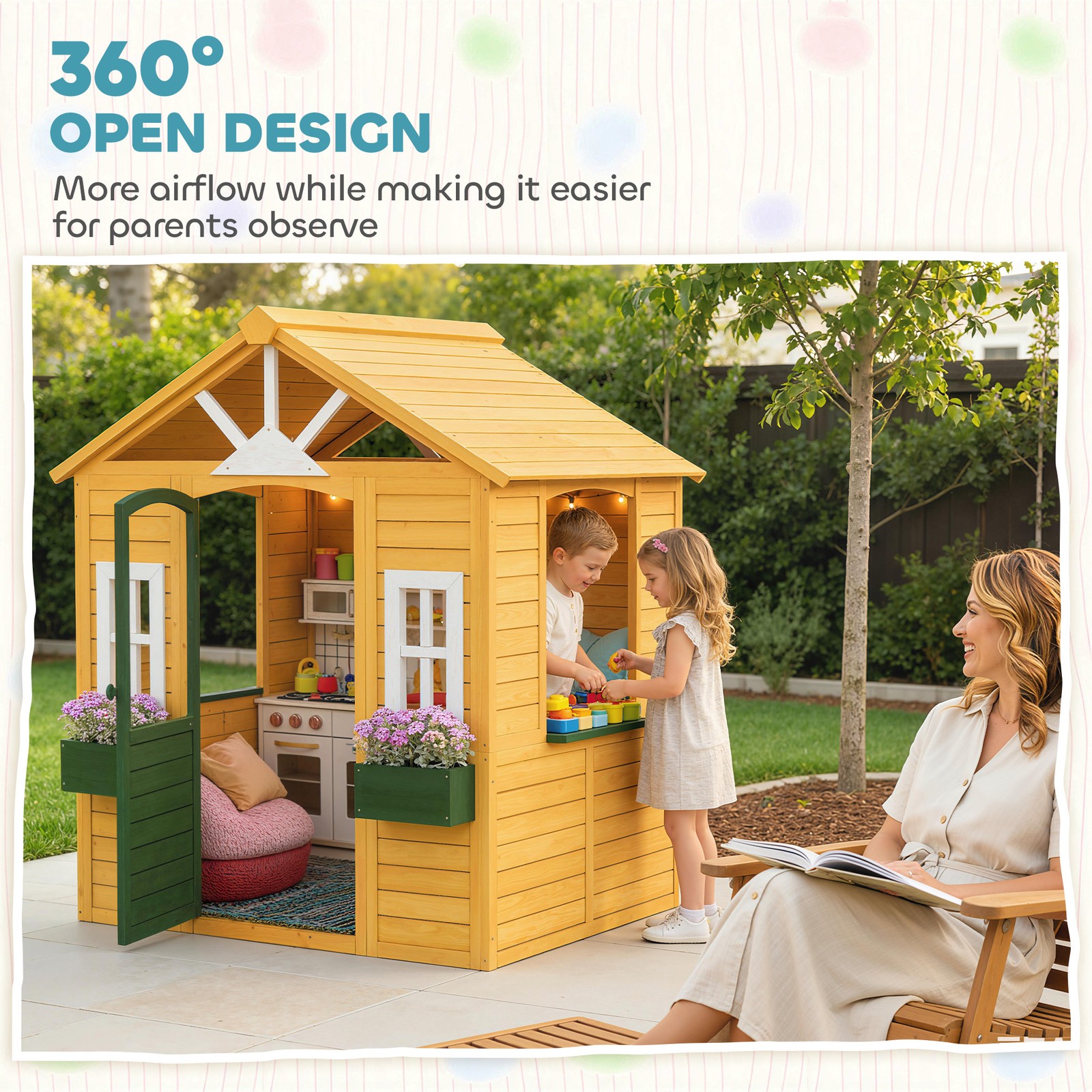 Qaba Outdoor Playhouse, Wooden Kids Playhouse with Door, 2 Flower Boxes
