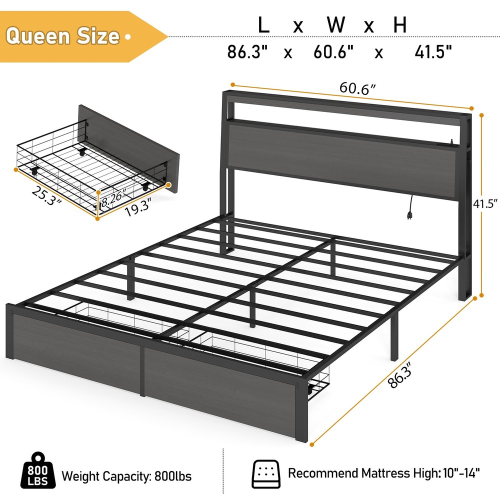 Full Queen Size Metal Platform Bed Frame with 2 Storage Drawers ＆Charging,LED