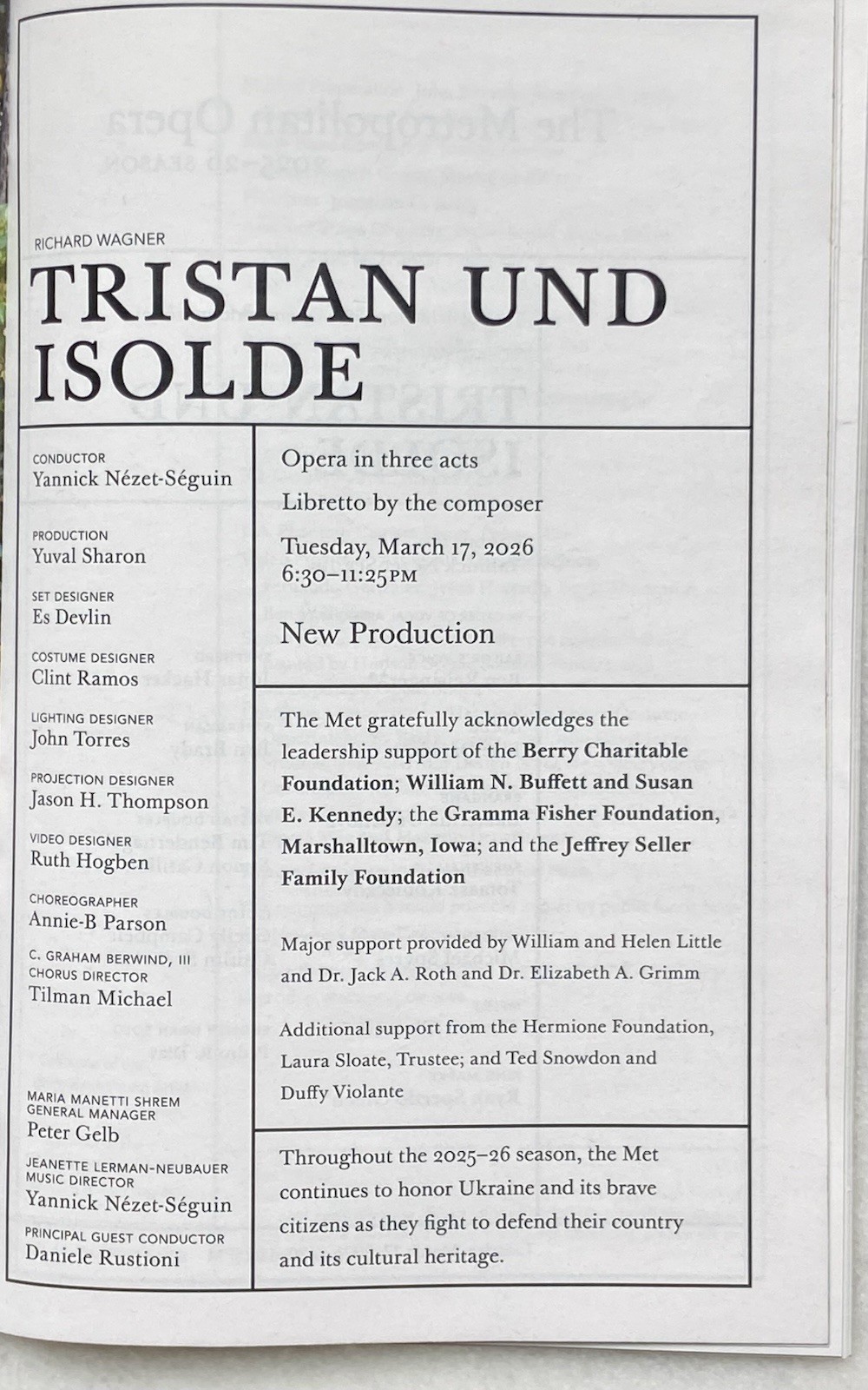 Metropolitan Opera Playbill Tristan und Isolde 3/17/26 - Starring Lise Davidson