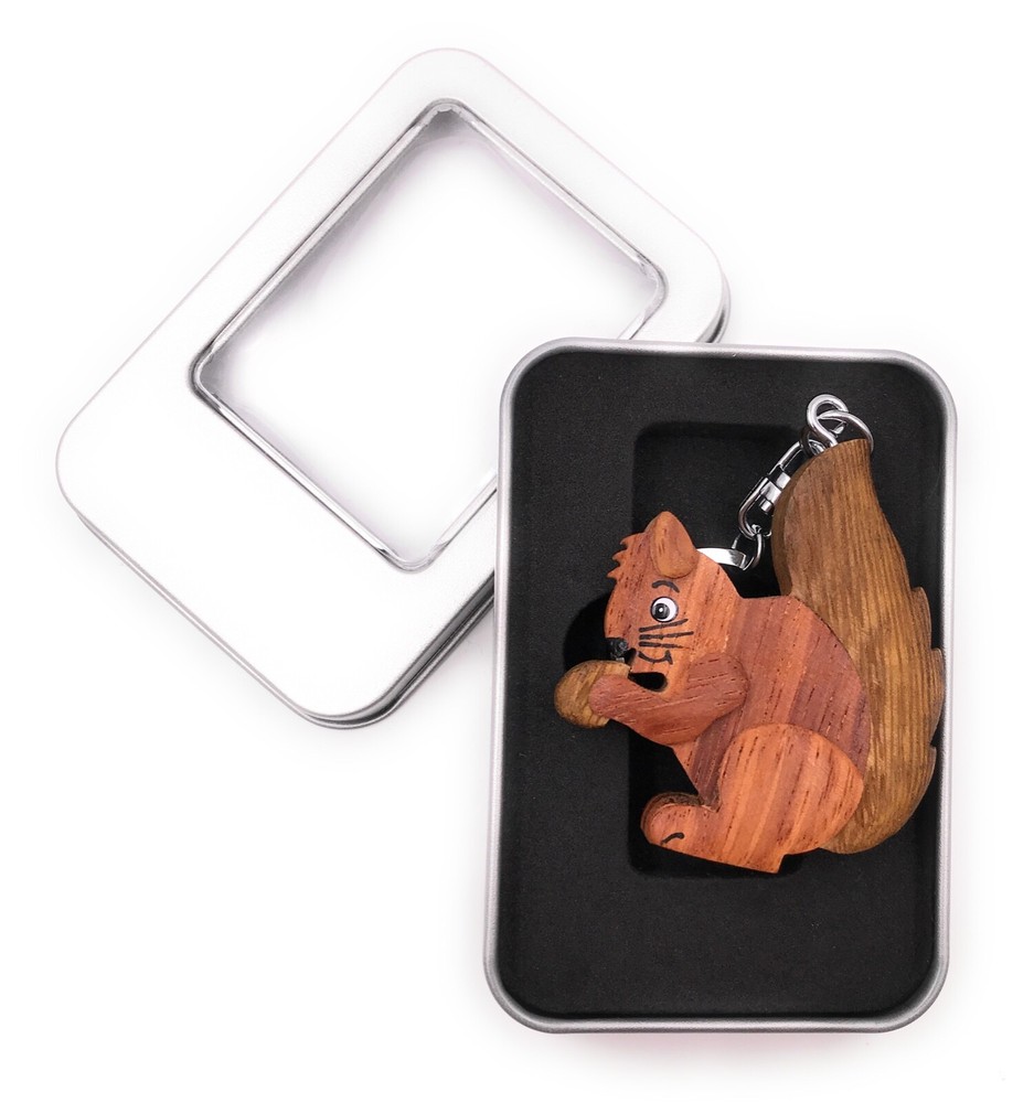 Wooden keychain squirrel with hazelnut tree horn forest gift box