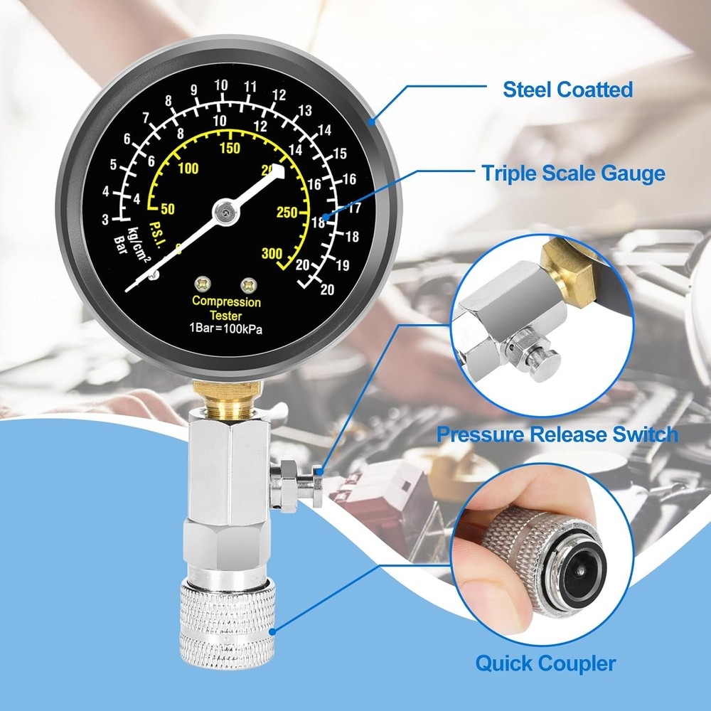 9pcs Petrol Engine Compression Tester Kit - Precision Gauge Set for Mechanics