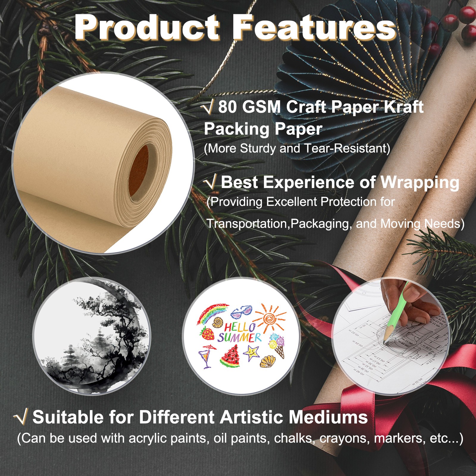 Wrapping Paper, 35"x1600" Craft Paper Roll Kraft Packing Paper Brown