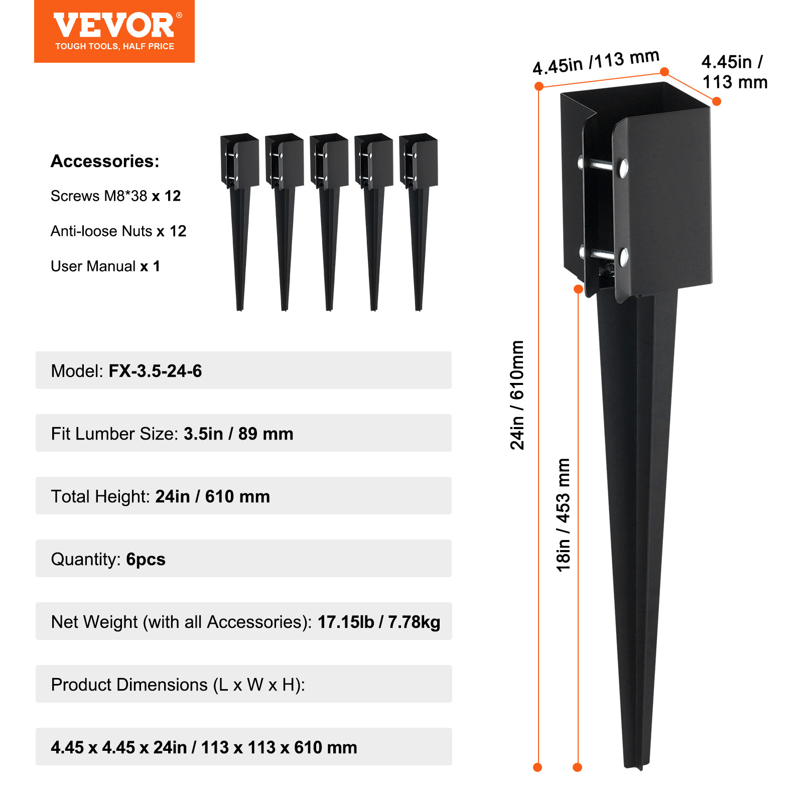VEVOR Fence Post Anchor Ground Spike 6 Pack 24 x 4 x 4 In Metal Fence Stakes
