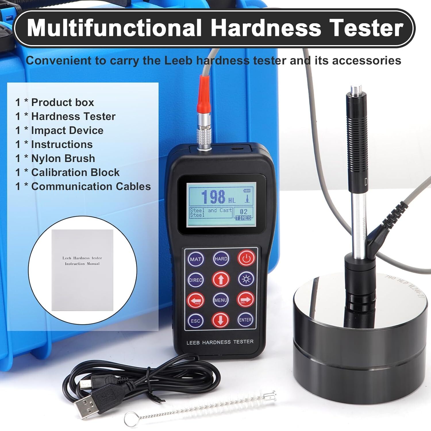 Portable Leeb Hardness Tester 7-in-1 Metal Hardness Meter with Calibration Block