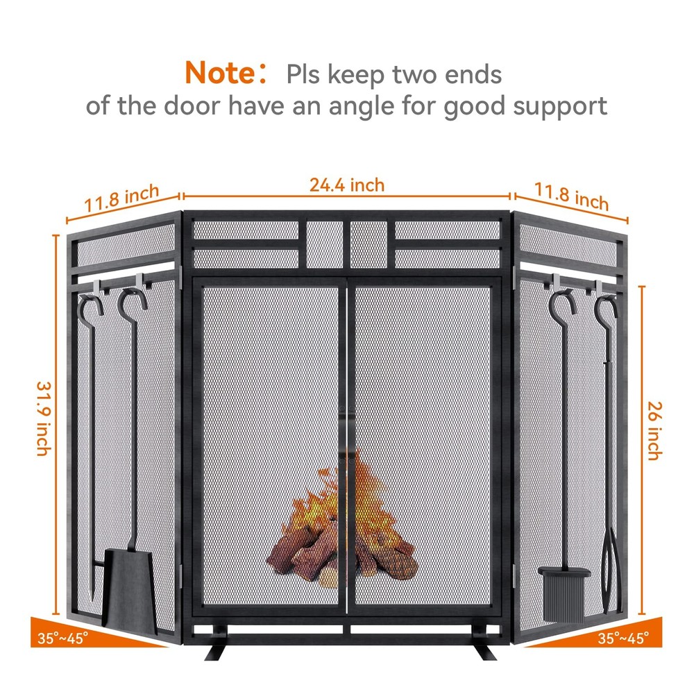 Fireplace Screen with Doors and Tools Set,3 Panel Foldable Metal Fireplace Gu...