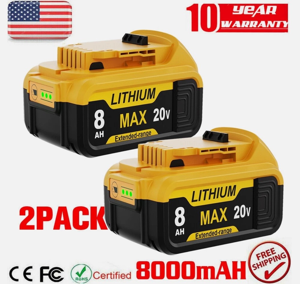 2PC 8.0Ah Battery Replace for Dewalt 20V DCB208 DCB206 Drill Tools LED Indicator