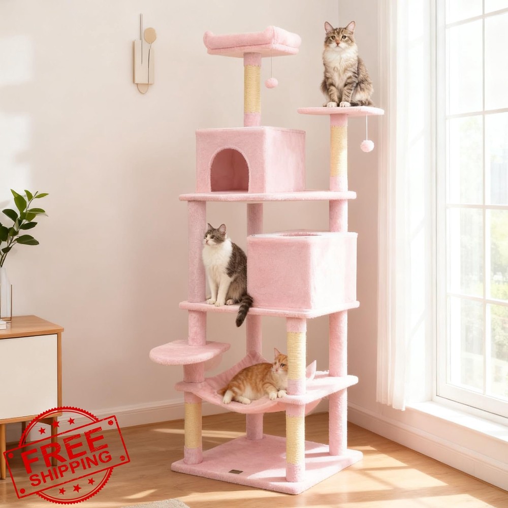 DORTALA Cat Tree Pink 75" Tall Multi-Level Condos Scratching Posts Hammock