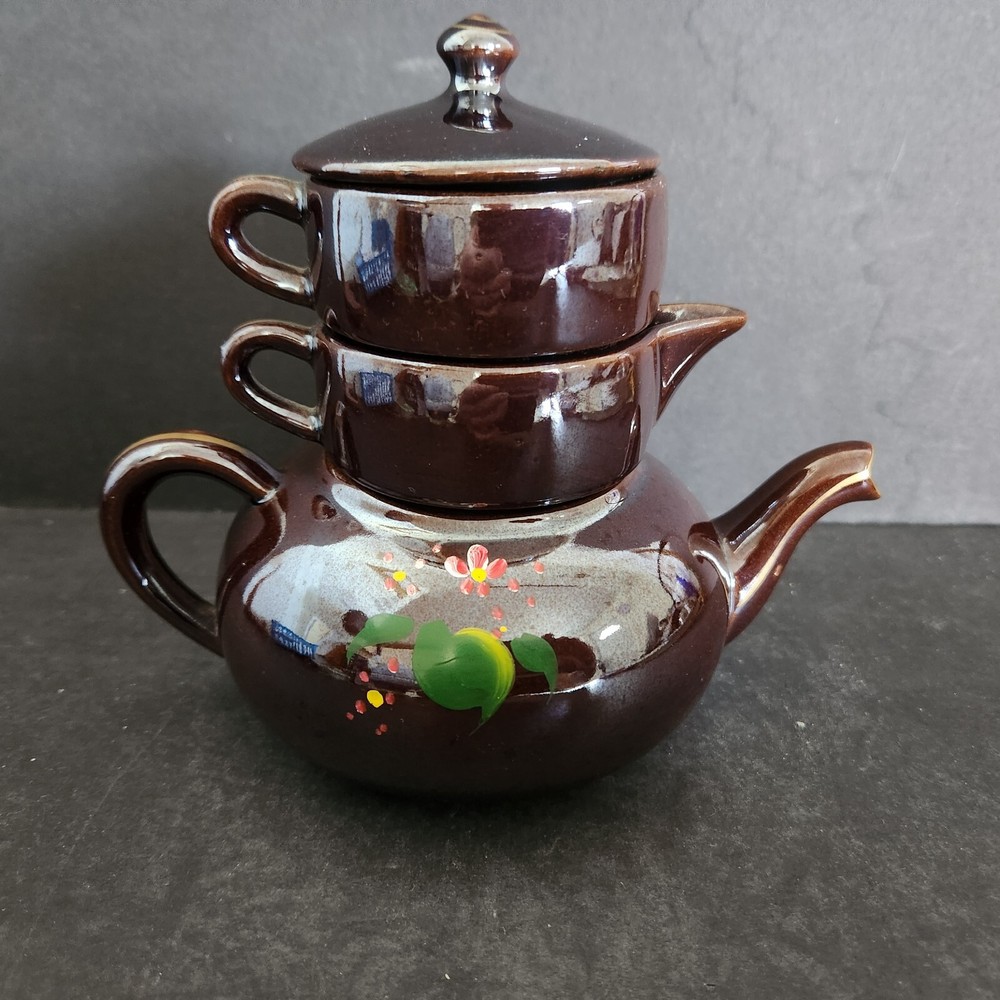 Teapot With Lid Stackable Floral Blue & Pink 6" Japan
