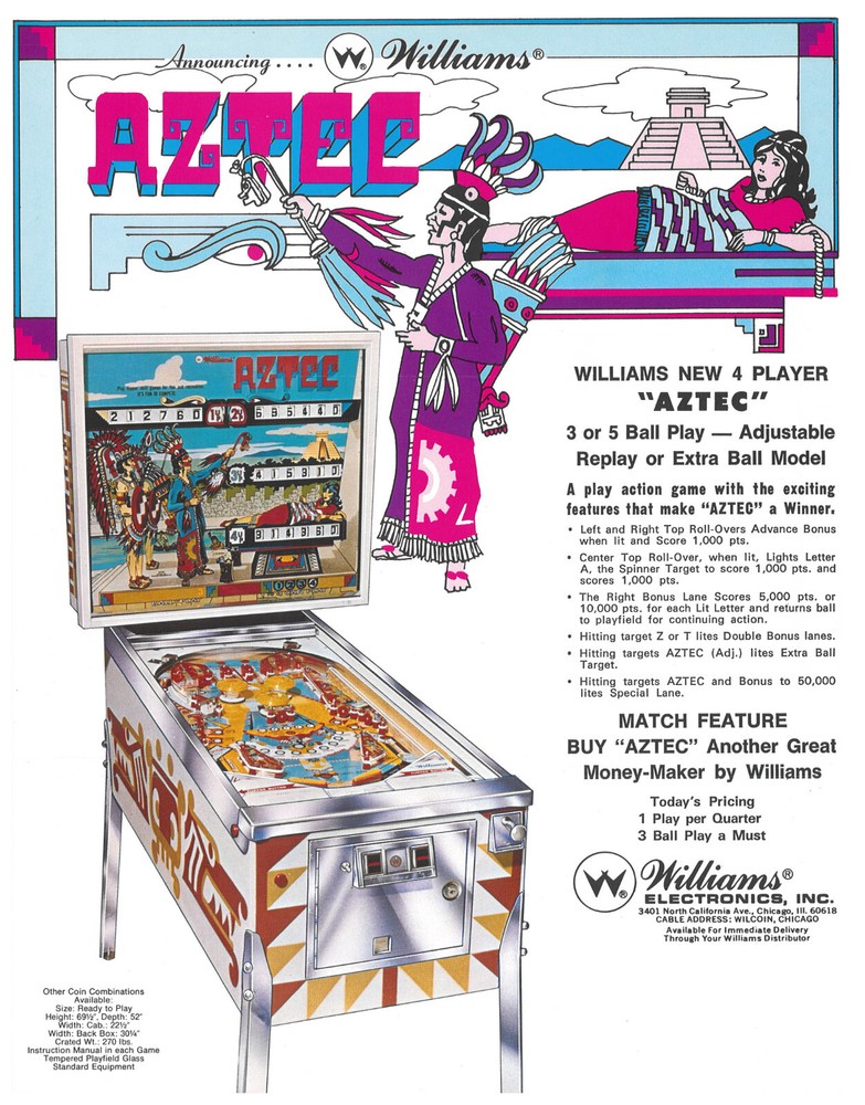 Aztec Williams Pinball Flyer / Brochure / Ad NICE