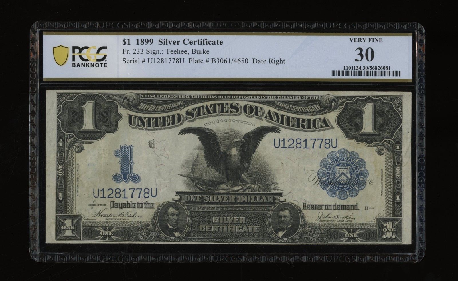 DBR 1899 $1 Silver Cert Black Eagle Fr. 233 PCGS-B 30 Serial U1281778U