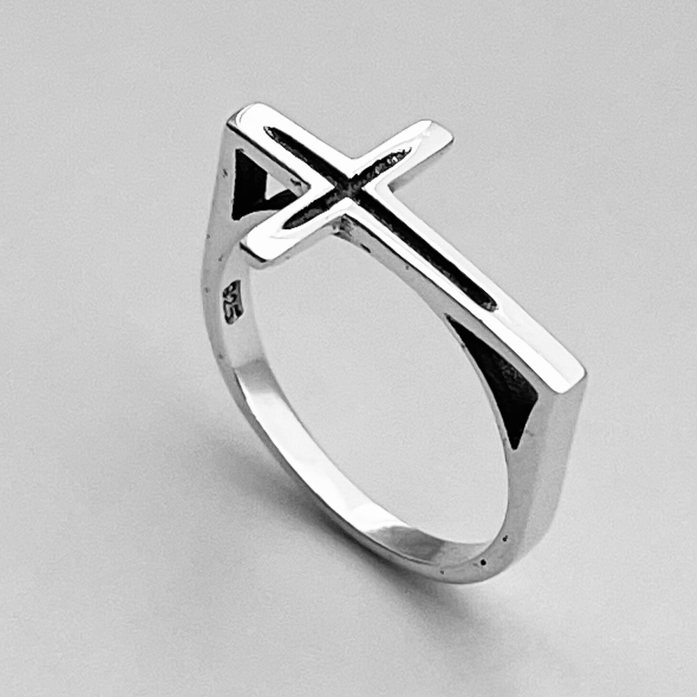Sterling Silver Unisex Large Sideway Cross Ring, Religious Ring, Silver Rings
